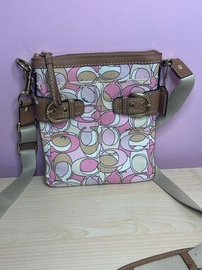 Coach Pink & Tan Signature Canvas Crossbody Bag